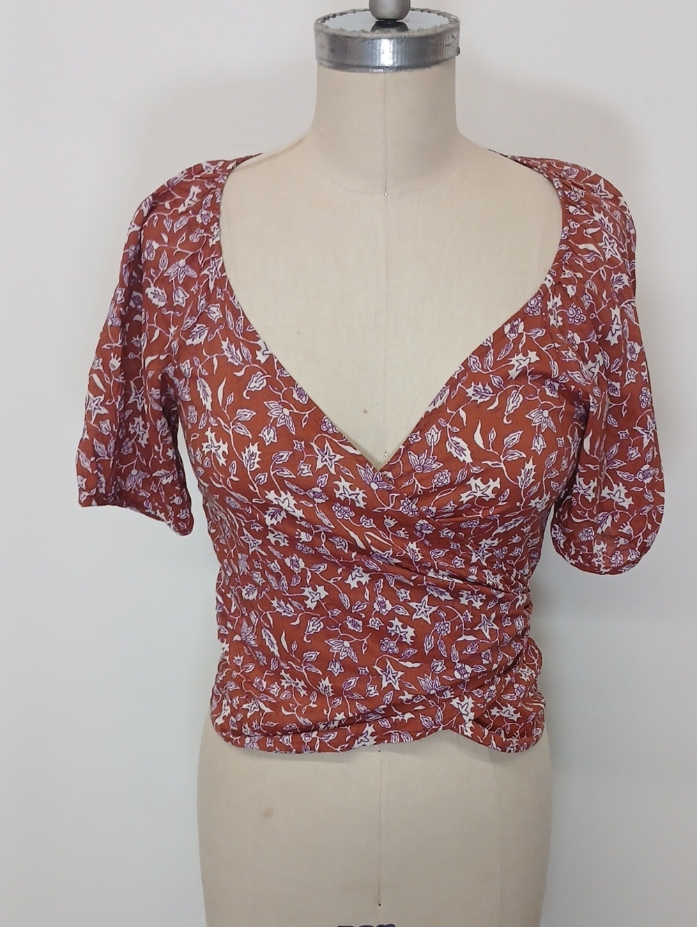 Madewell Rust Floral Wrap-Style Blouse with White Print